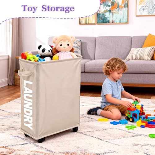 Slim Rolling Laundry Hamper with Wheels, 42L Collapsible Narrow Laundry Basket with Drawstring Mesh Cover, Foldable Dirty Clothes Organizer for Bathroom, Dorm, Small Spaces, Khaki - color: Khaki, size: 1PC 42L