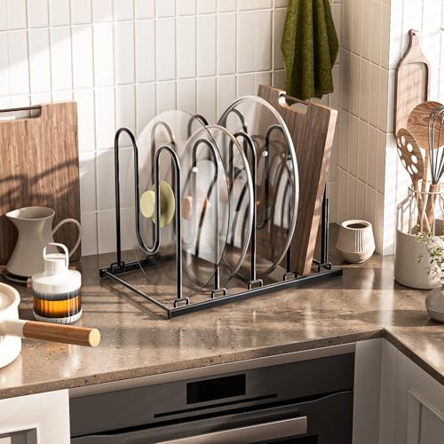 JAQ Pots and Pans Organizer, 13.18 inch Heavy Duty Pot Lids Rack Holder Adjustable Height for Muffin Tins, Baking Sheets, Skillets,Cookware,Bakeware in Cabinets Shelf Countertop Pantry-Black - color: Black