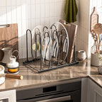 JAQ Pots and Pans Organizer, 13.18 inch Heavy Duty Pot Lids Rack Holder Adjustable Height for Muffin Tins, Baking Sheets, Skillets,Cookware,Bakeware in Cabinets Shelf Countertop Pantry-Black - color: Black