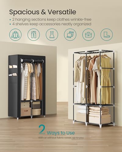 SONGMICS Portable Closet, Wardrobe Closet Organizer with Cover, 2 Hanging Rods and Shelves, 4 Side Pockets, 33.9 x 17.7 x 65.7 Inches, Large Capacity for Bedroom, Living Room, Ink Black URYG091B01 - color: Ink Black, size: 2 Tiers（33.9''L）