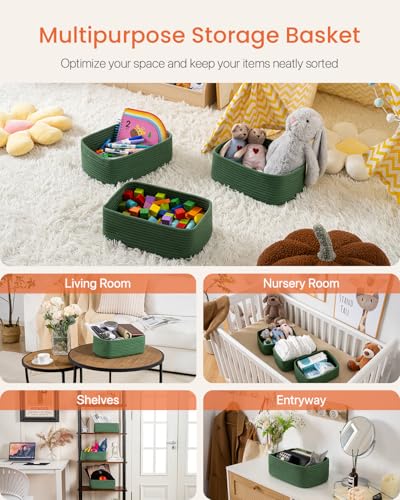 Small Woven Basket, 12 x 8 x 4.5 Inches, Storage Basket for Organizing, Cute Small Rope Shelf Closet Cube Storage Bins Baskets for Shelves, Dog Toy Gift Baskets Empty, 3 Packs, Green - color: Green, size: 12"L x 8"W x 4.5"H