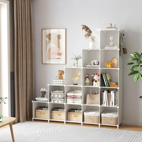 AWTATOS Cube Storage Organizer, 16 Cube Closet Organizer, Stackable Storage Cube Shelves, DIY Portable Closet Clothes Organizer Shelving for Bedroom, Closet, Wardrobe, Bathroom, White - color: White, size: 4x4