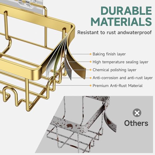 Veken Adhesive Shower Caddy 6-Pack,Gifts for Women Mom,Heavy Weight Bearing,Large Wall Mounted Bathroom Shelves Rack,Organizer Storage Accessories with Soap Dish&Toothbrush Holder,Bright Gold - color: F. Bright Gold
