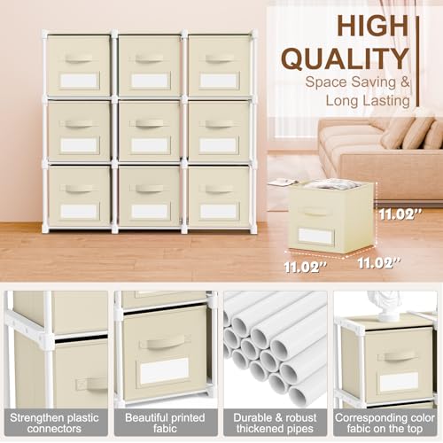 Geelin 9 Cube Storage Organizer with Fabric Bins and Labels 11 Inch, Fabric Collapsible Cubby Clothes Storage Drawer Dresser for Bedroom Living Room Office Organization - color: Khaki