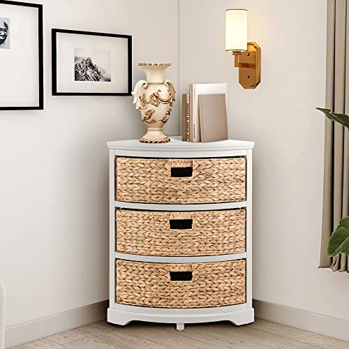 eHemco Hampton Meadows 3 Tier X-Side Corner Table Storage Cabinet with 3 Wicker Baskets, White - color: White, size: 14"D x 14"W x 25.5"H (3 Drawers)