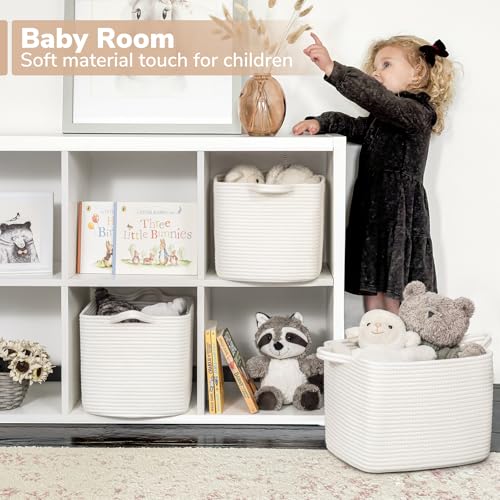 Goodpick White Woven Rope Basket with Handles, Medium Rectangle Basket for Books, Toys, Towels, Square Decorative Baskets for Living Room, Nursery, Shelf Baskets for Bedroom, 13" x 10" x 9" - color: White, size: 13"L x 10"W x 9"H