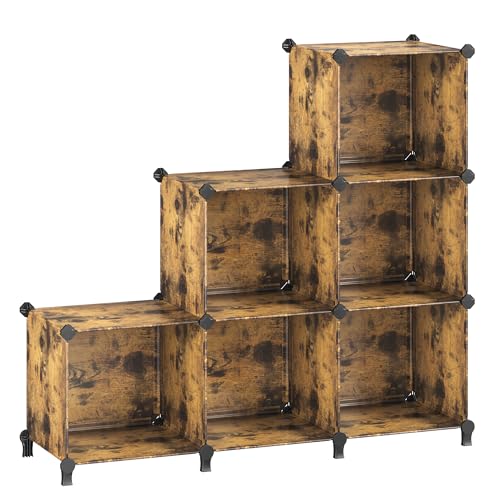 SONGMICS 6 Cube Storage Organizer, Modular Bookshelf, DIY Closet Organizers and Storage, Plastic Stackable Shelves, 14.6 x 13 x 13 Inch Cubes, with Feet and Rubber Mallet, Rustic Brown ULPC206A01 - color: Rustic Brown, size: 14.6”L x 13”W x 13”H