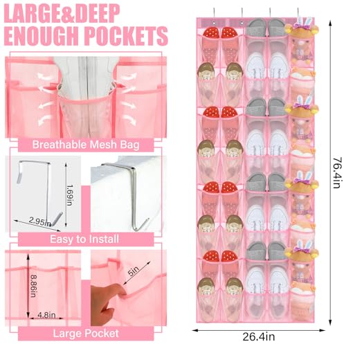 Windyun 40 Over the Door Shoe Organizer Large Breathable Mesh Pockets Pink Hanging Shoe Rack for Closet Behind Door Hanger Storage Holder Nonslip Hooks for Women Entryway Bedroom Utility Room - color: pink