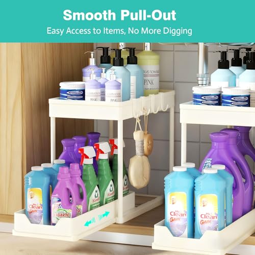 Under Sink Organizers and Storage 2 Pack, Pull-Out Sliding Cabinet Organizer with 2-Tier Storage Shelf & 4 Hooks, Multi-Purpose for Kitchen & Bathroom (13 Inch, White) - color: White
