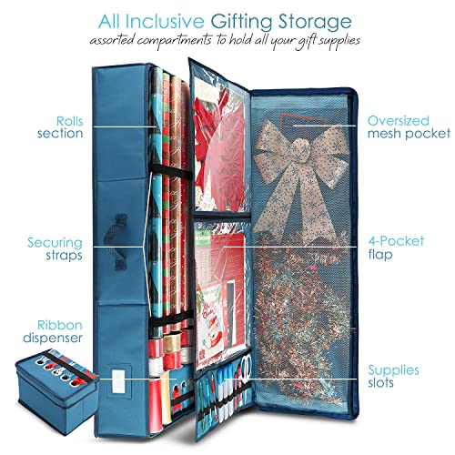 Hearth & Harbor Wrapping Paper Storage Container - Christmas Storage Bag with Ribbon Dispenser and Interior Pockets - Gift Wrap Organizer Fits Up to 26 Rolls of 40" Length, Blue - color: Blue, size: Large