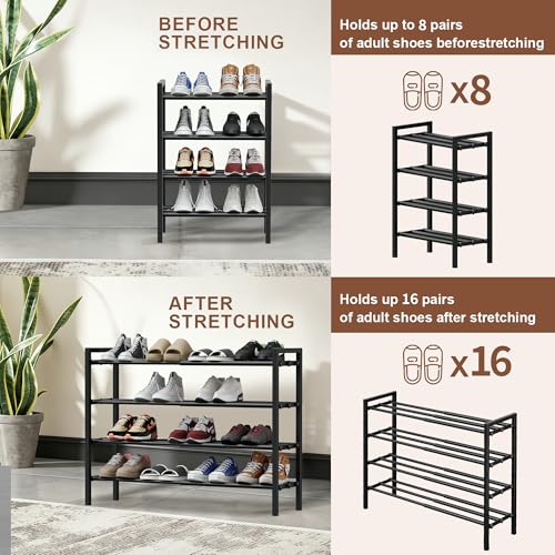 4-Tier Expandable Shoe Rack, Adjustable Shoe Shelf Storage Organizer Heavy Duty Metal Free Standing Shoe Rack for Entryway Closet Doorway (Black) - size: 4 Tier