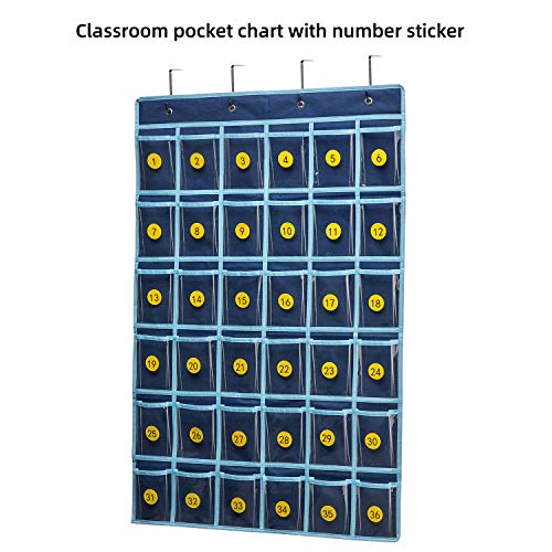 SAVERHO 36 Clear Pockets Classroom Pocket Chart for Cell Phone and Calculator Holder, Door Hanging Pocket Chart for Classroom Phone Holder with Number Sticker and Hooks (Blue) - color: Blue-1pack of 36pockets