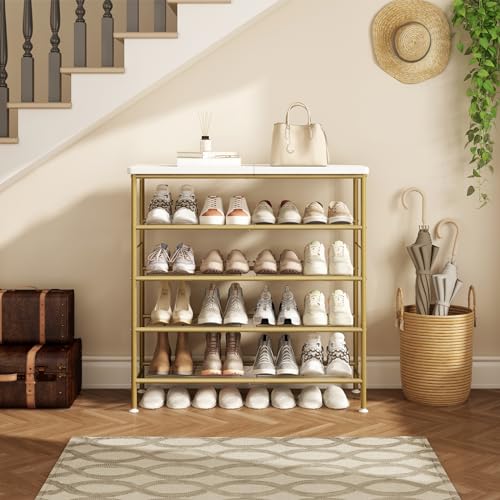 SUOERNUO Shoe Rack Organizer 5 Tier for Closet Entryway Free Standing Metal Storage Shoe Shelf with MDF Top Board，Gold - color: Gold, size: Standard 5 Tier