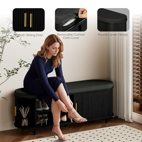 DHH 2-Tier Storage Bench,Wide Shoe Bench with Thickened Padded Seat Cushion, Mid Century Modern Fluted Sliding Door and Adjustable Shelf, for Entryway, Living Room, Bedroom (Black, 51.2”) - color: Black, size: 51.2 inch