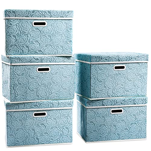 PRANDOM Large Collapsible Storage Boxes with Lids [5-Pack] Fabric Decorative Storage Bins Cubes Organizer Containers Baskets with Cover Handles for Bedroom Closet Nursery Blue 17.5x11.8x11.8 Inch - color: Blue, size: Large(5-Pack)
