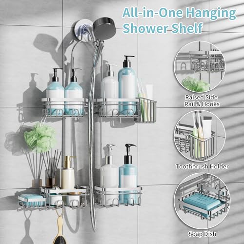 KEGII Shower Caddy Hanging for Handheld Showerheads, Rustproof Hanging Shower Organizer with Soap Dish, Toothbrush Holder and Hooks, Over Showerhead Caddy for Bathroom, Silver - style: Silver – 2-Tier Hanging Shower Caddy