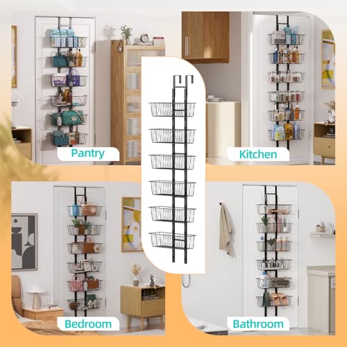 6-Tier Over The Door Pantry Organizer, Metal Hanging Storage Shelf with Adjustable 6 Baskets, Space-Saving Design Hanging Spice Rack for Kitchen, Bathroom, Laundry Room, Black - color: Black, size: 6-Tier