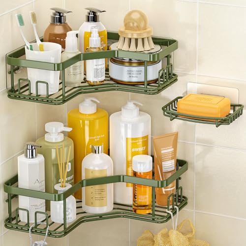 MAXIFFE 3 Pack X-Large Corner Shower Caddy with Soap Holder, Large Capacity Easy Install No Drilling Stainless Steel Hold 40 LB Shower Organizer Shelves Rack for Family Renters Bathroom, Forest Green - color: Green XL