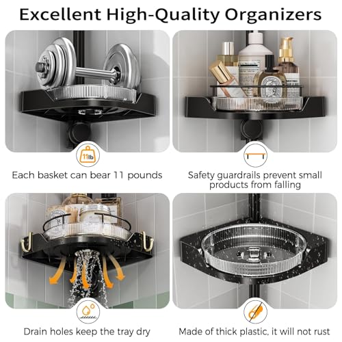 shuang qing 360° Rotating Corner Shower Caddy Tension Pole Organizer - 4-Tier Adjustable Rustproof Metal Pole, Plastic Shelves with Safety Guardrail, Bathroom Storage for Shower & Bathtub(Black) - color: Black, size: Rotation