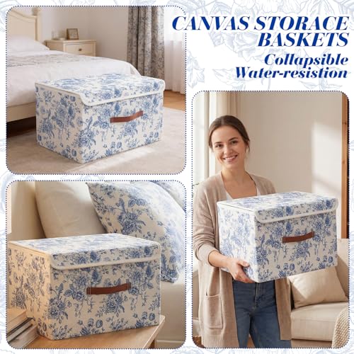 2 Pack Blue Floral Storage Bin with Lids Handles Large Blue and White Porcelain Storage Boxes 15x10x10 Inch Foldable Fabric Basket Decorative Cube Organizer for Clothes Nursery Home Dorm - size: 15 x 10 x 8 inches