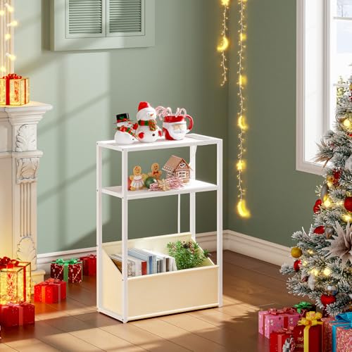 TUTOTAK Narrow Side Table, Small End Table with Charging Station, Nightstand with Fabric Basket, Bedside Table for Small Space, Livingroom, Bedroom White TB01BW095 - color: White
