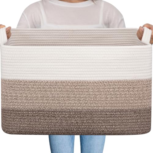OIAHOMY Large Blanket Basket, 65L Cotton Rope Woven Laundry Basket, Toy Bin for Baby Room, Container for Blanket Storage in Living Room, 20''×16''×12'', Gradient Brown - color: Gradient Brown, size: 65L