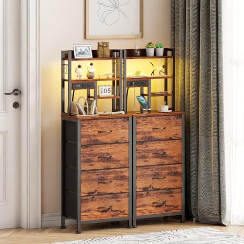 Furnulem Tall Night Stand, LED Nightstand with Charging Station and USB Ports, 4 Fabric Drawers and 4 Tier Storage Shelf, Bedside Table for Bedroom, Home, Dorm, Office (Rustic Brown) - color: Rustic Brown, size: 4 Drawer