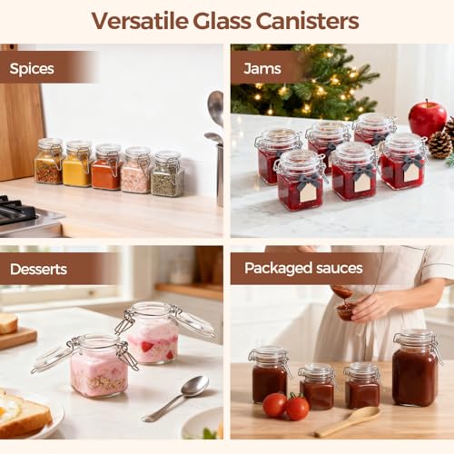 ComSaf Set of 12 Square Glass Spice Jars with Airtight Lids (4 Oz), Mini Favor Jars with Wire Clamp for Honey, Herbs & Farmhouse Kitchen Pantry Organization, with Funnel & Labels - size: 4oz*12
