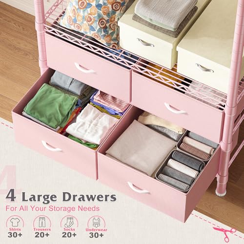 Raybee Clothes Rack, Clothing Rack for Hanging Clothes with 4 Drawers Load 420LBS Heavy Duty Garment Rack with Drawers, Pink - color: Pink, style: Clothes Rack with Drawers