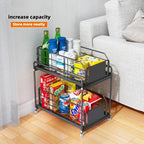 Under Sink Kitchen Storage Organizer, 2 Tier Sliding Cabinet Basket with Pull-Out Drawer, foldable Metal Under Sink Organizers for Bathroom, Pantry, Countertop, Rustproof Multi-Purpose Storage Bins
