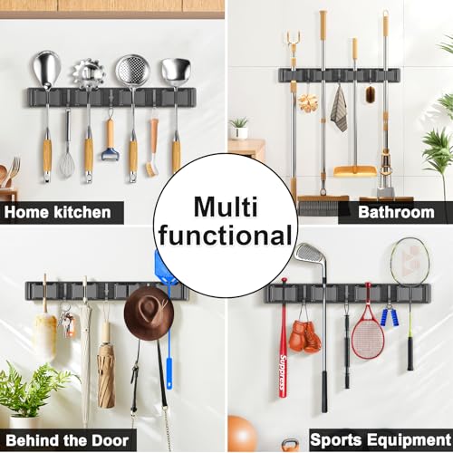 Broom Holder Wall Mount, Mop and Broom Hanger Wall Mount for Organizing and Storing Items in Household Kitchens, Gardens, Laundries (4 Racks & 3 Hooks, Grey)