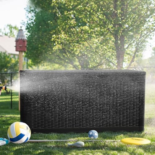 Greesum 100 Gallon Resin Deck Box Large Outdoor Storage, Imitation Rattan Weave Texture for Patio Furniture, Garden Tools, Pool Supplies, Weatherproof and UV Resistant, Lockable, Dark Black - color: Dark Black, size: 100 Gallon
