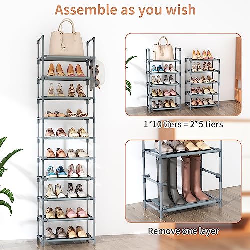 LANTEFUL 10 Tiers Tall Shoe Rack 20-25 Pairs Boots Organizer Storage Sturdy Narrow Shoe Shelf for Entryway, Closets with Hooks, Grey - color: Grey, size: 10 Tier-68" High-17" Wide
