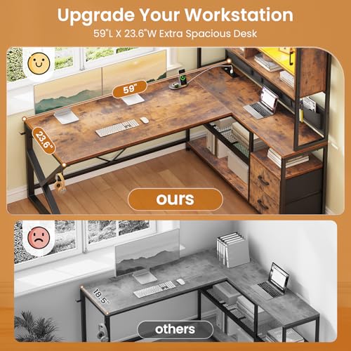 SEDETA L Shaped Computer Desk, Home Office Desk with 2 Drawer and Bookshelf, L Shaped Gaming Desk with LED Light, Glass Cabinet and Storage Bag, Corner Desk with Storage Shelves, Rustic Brown - color: Rustic Brown