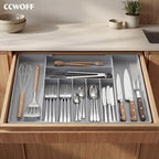 Heavy Duty Stainless Steel Frame Silverware Organizer with Plastic Body, Extra Large Silverware Drawer Organizer, 9 Slot Expandable Kitchen Drawer Organizer, 8 Non-Slip Feet Included, BPA Free, Gray - color: Gray