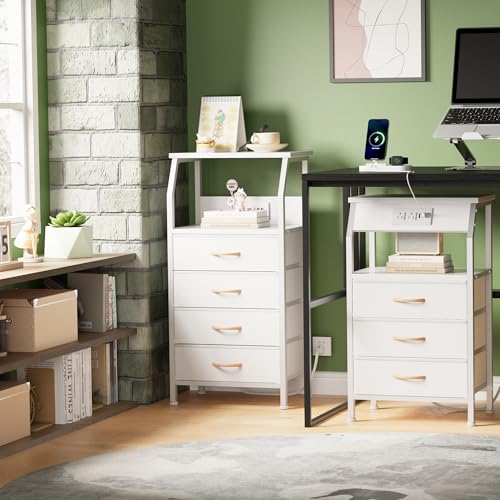 Furnulem Night Stand with Charging Station, Dresser with PVC & Fabric Drawers, 33.3 Inch Side Table with Open Shelf, Tall Bedside Table for Closet, Entryway, Bedroom Furniture, 3 Ways to Use, White - color: White, size: 4 Drawer