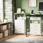 Furnulem Night Stand with Charging Station, Dresser with PVC & Fabric Drawers, 33.3 Inch Side Table with Open Shelf, Tall Bedside Table for Closet, Entryway, Bedroom Furniture, 3 Ways to Use, White - color: White, size: 4 Drawer