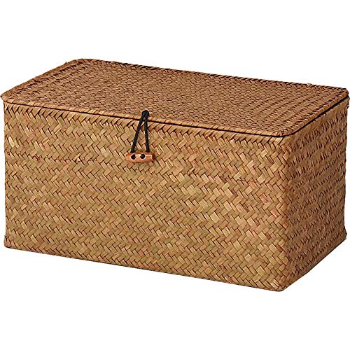 DOKOT Rectangular Handwoven Seagrass Storage Basket with Lid for Shelves and Home Organizer Bin, (M (12"x7"x6"H), Natural) - size: M (12"x7"x6"H)