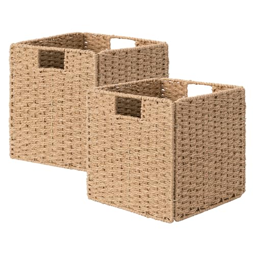 StorageWorks 11 inch Wicker Baskets, Handwoven Storage Cubes with Handles, Foldable Paper Rope Basket for Organizing, Natural, 2 Pack - color: Natural, size: 11"L x 11"W x 11"H