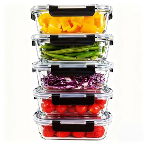5Pack 35oz Glass Storage Containers with Lids, Airtight Glass Meal Prep Containers, BPA-Free Lunch Containers for Microwave, Oven, Freezer & Dishwasher Safe