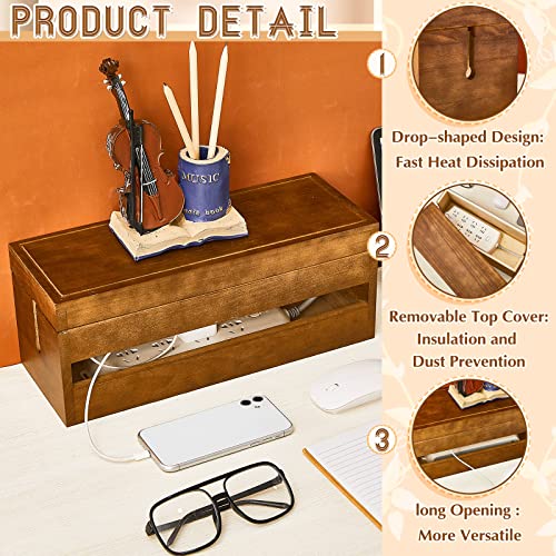 Hoteam 48 Pcs Wooden Cable Management Box Cable Organizer Box Set Power Strip Holder Cord Hider Clip Adhesive Management Ties Cord Sleeves for Desktop Home Office(Brown,Large)