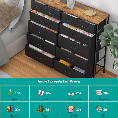 VASICAR Dresser for Bedroom with 12 Drawers, Tall Fabric Drawer Dresser, Compact Chest of Drawers for Closet, Nursery, Bedside, Living Room, Laundry, Entryway, Hallway - color: Rustic Black