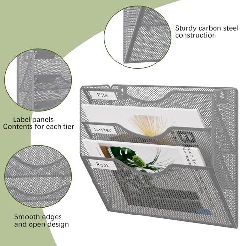 EasyPAG 3 Pocket Mesh Wall File Organizer, Hanging Paper Folder Holder with Classify Label, Vertical Wall Mount Mail Organizer for Office Home Classroom, Silver - color: Silver, size: 3 Tier