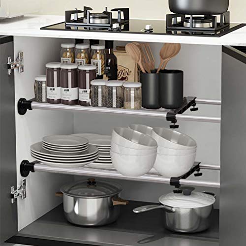 BAOYOUNI Adjustable Closet Shelf Expandable Shelves Tension Rod Hanger Space Saving Storage Rack Organizer Divider for Wardrobe, Cupboard, Kitchen, Bathroom Use, Black, 2 Pack - color: Black, 2pcs (2-bar Telescopic), size: Recommended Use Length: (46.06-7