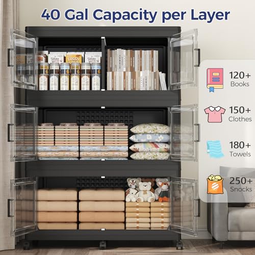 160GAL Storage Bins with Lid and Wheels, Collapsible Storage Box with Dividers, Foldable Plastic Cabinets for Room Kitchen, Stackable Closet Organizers and Storage Drawer, 4 Pack Black - color: Black, size: 40Gal-4Pack
