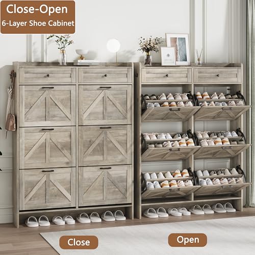 Shoe Cabinet with 6 Flip Drawers & 2 Top Drawers, 57" Tall Freestanding Narrow Wooden Shoe Storage Organizer for Entryway, Hidden Slim Shoe Rack for Front Door Entrance, Hallway, Living Room, Grey - color: Grey, size: 6 Flip Drawers