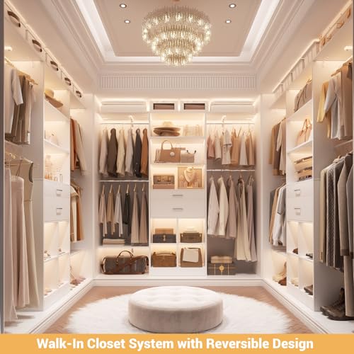 5FT Small Closet System, Baby Closet Organizer System with Wooden Drawers, 60 Inches Walk In Closet System With 5 Hanging Rods and 3 Reversible Hanging Shelving, White - color: White, size: 5 FT