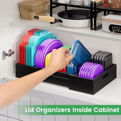 Kiasthome Expandable Bamboo Lid Organizers Inside Cabinet, Kitchen Cabinet Organizers with 3 Adjustable Dividers, Storage Plastic Lids, Food Container Lid Holder Organizer for Drawer Pantry, Black - color: Black