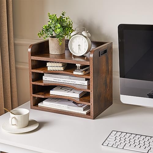 YMYNY Desktop File Organizer with Handle, Document Letter Mail Tray Sorter with 3 Adjustable Shelves, 5 Tiers Paper Holder for School Home Office Desk, Rustic Brown,13.4 * 12.4 * 9.06" UHBC006H - color: Rustic Brown