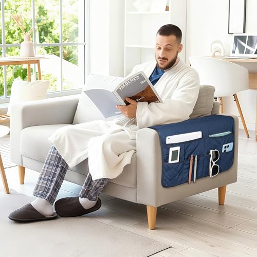 Remote Control Holder for Recliner,Non Slip Armchair Caddy,Sofa Armrest Storage Organizer for Recliner Couch With 6 Pockets for TV Remote,Cell Phone,Magazine - color: Navy